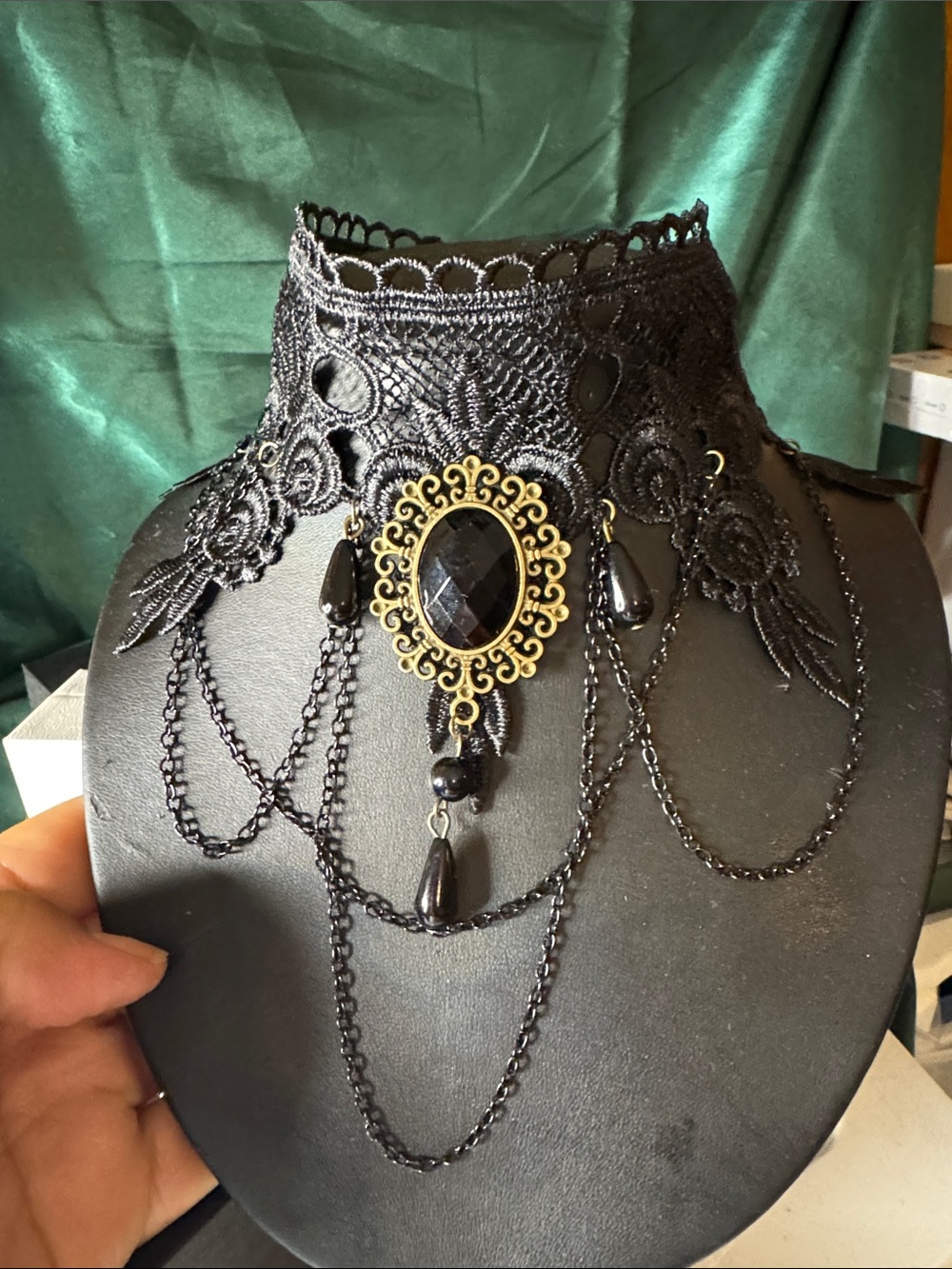Black Lace Choker Necklace with Gold Filigree Accent
